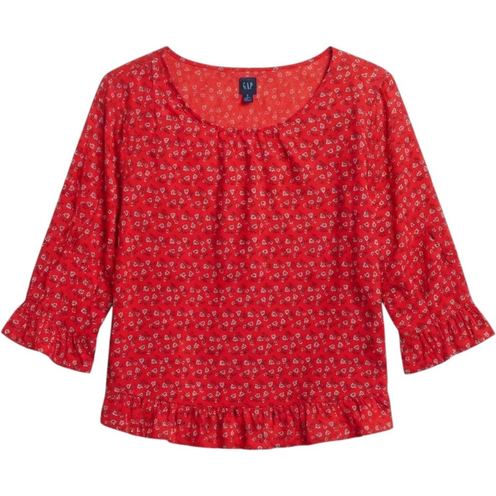Gap Blouse Womens XXL Red Excellent Floral Ruffle 3/4 Sleeve Crinkle Boho Top